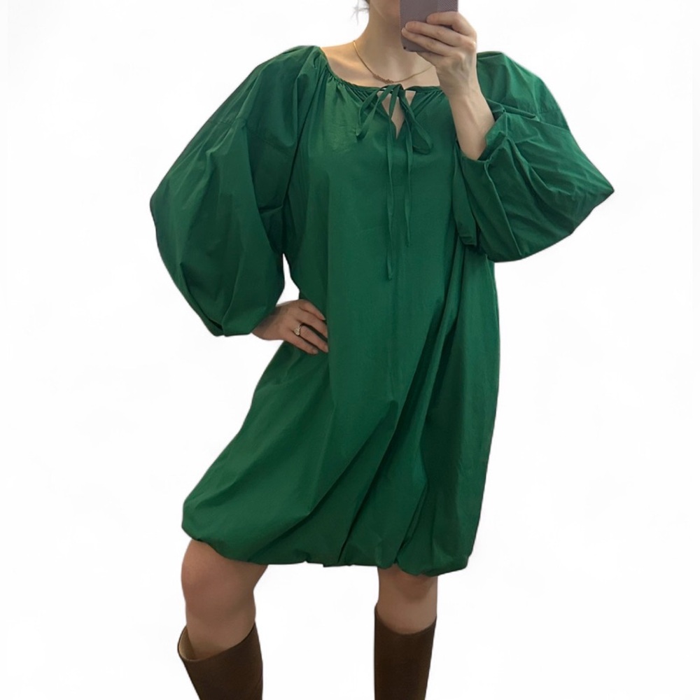 Green Balloon Voluminous Sleeve Tie-Neck Midi Shift Bubble Dress Women One Size